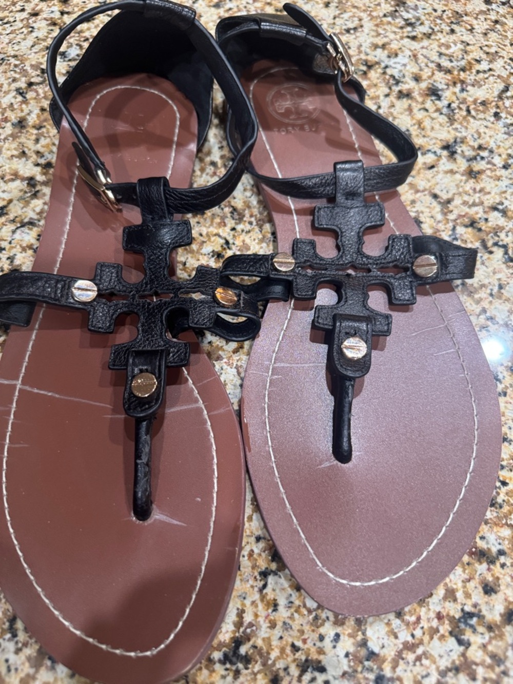Tory Burch Black Leather Logo T-Strap Sandals with Gold Accents size 10